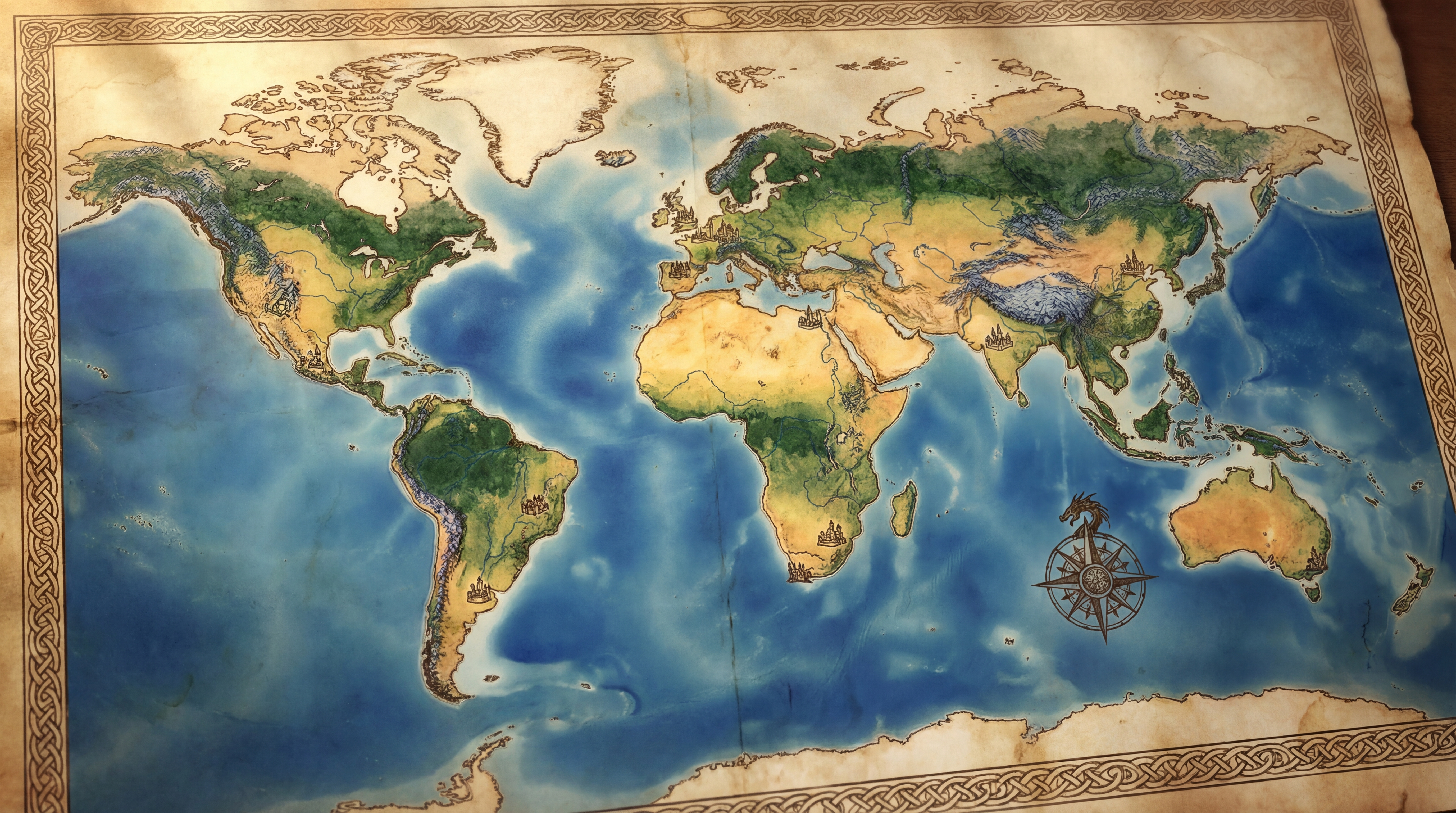 Hand-painted fantasy world map on aged parchment